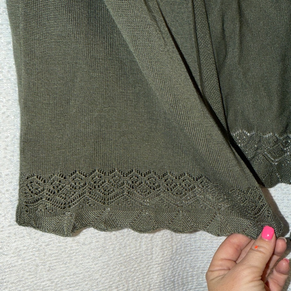 LOFT Olive Green Open-Front Lightweight Cardigan with Lace Trim - Picture 3 of 7